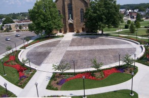 A view of the plaza from the remodeled Parish Center.